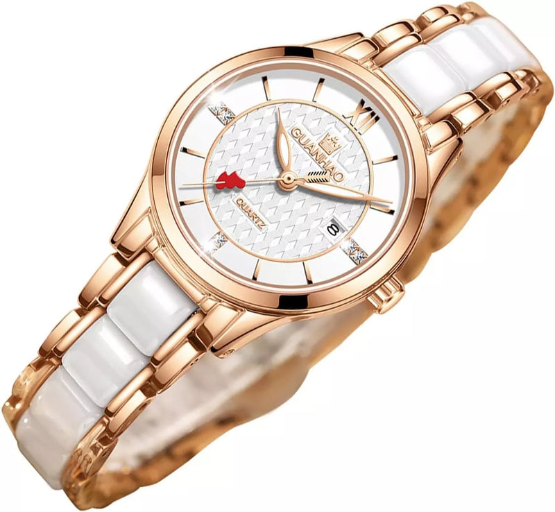 Reloj Para Dama Oro Rosado Y Ceramica Blanca Con Cristales