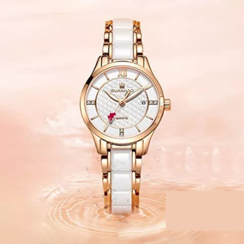 Reloj Para Dama Oro Rosado Y Ceramica Blanca Con Cristales