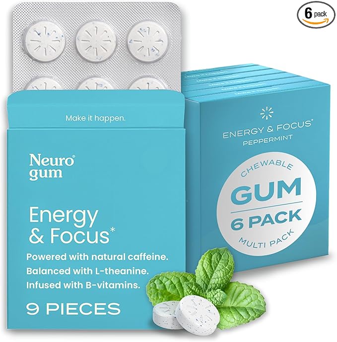 NeuroGum Goma de Mascar Nootropic Energy | Cafeína + L-teanina + Vitaminas B | Sin azúcar + Sin gluten + Sin OMG + Vegana